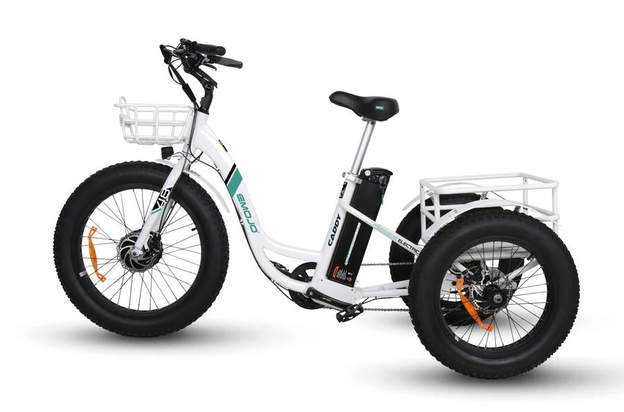 Emojo Caddy PRO 48V Lithium-Ion Battery 500W Motor Hydraulic Brakes The EMOJO Caddy PRO electric tricycle is an upgraded version of the original EMOJO Caddy electric tricycle. The Caddy PRO's upgraded features include Hydraulic Brakes, Front Suspension, a Comfortable Oversized Seat with Backrest, and now comes with 7 Speeds.  Also the front and rear baskets are white instead of black.