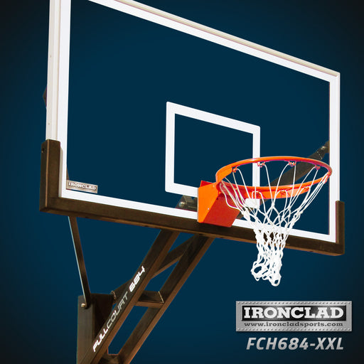 Ironclad 72" Full Court Adjustable Height In-Ground Basketball Hoop FCH684-XXL This unit features an extra rigid 6"x8" post that is much thicker than in store brands. The unit includes a double spring assist which means you get twice the lifting power when cranking the backboard so any age can raise and lower the rim.