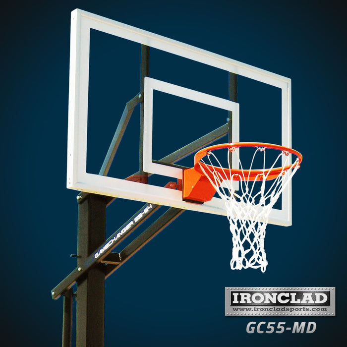 Ironclad 54" Gamechanger In-Ground Adjustable Basketball Hoop GC55-MD The GC55-MD Basketball System is an in ground basketball hoop designed for aggressive basketball action. Its one-piece 5"x5" pole is far superior in strength to competitors two-piece design. The GC55-MD includes a convenient anchor bolt mounting system that makes it easy to level or relocate the basketball goal.