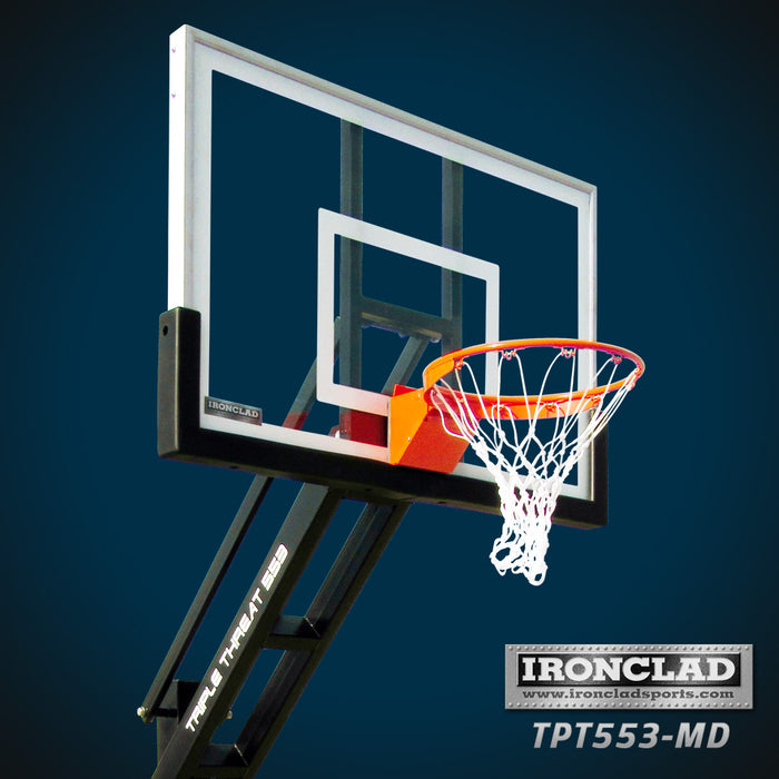 Ironclad 54" Triple Threat Adjustable Height  Basketball Hoop TPT553-MD  The Ironclad Triple Threat TPT553-MD basketball system is the best combination of durability and affordability of any of the Ironclad adjustable goals. This unit fits any driveway or downsized backyard court perfectly. It's 54" wide backboard is wide enough to accommodate any angle bank shot. The heavy duty H-Frame backboard support eliminates risk of backboard breakage from hanging on the rim.