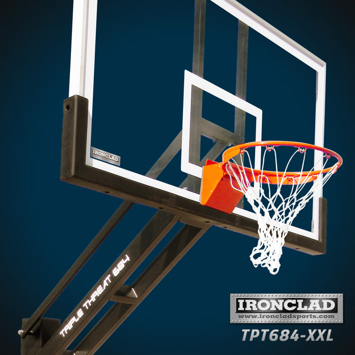 Ironclad 72" Triple Threat Adjustable Height Basketball Hoop TPT684-XXL The Triple Threat TPT684-XXL is a standout design.  If you want to play on the same size the pros play on, now is your chance!  This unit features an extra rigid 6"x8" post that is much thicker than in store brands. The unit includes a double spring assist which means you get twice the lifting power when cranking the backboard so any age can raise and lower the rim.