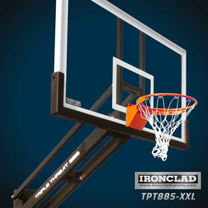 Ironclad 72" Triple Threat Adjustable Height Basketball Hoop TPT885-XXL The Triple Threat TPT885-XXL is a standout design, strongest of its kind! The Triple Threat TPT885-XXL is our biggest and best! For anyone planning a regulation full court or half court, this is the perfect sized unit. 