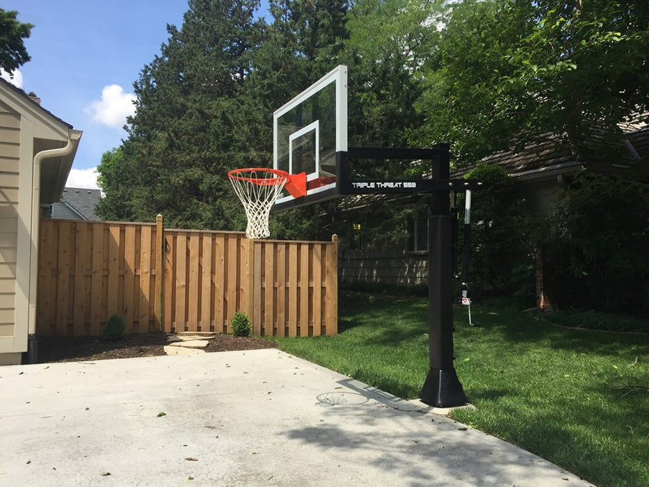 Ironclad 54" Triple Threat Adjustable Height  Basketball Hoop TPT553-MD  The Ironclad Triple Threat TPT553-MD basketball system is the best combination of durability and affordability of any of the Ironclad adjustable goals. This unit fits any driveway or downsized backyard court perfectly. It's 54" wide backboard is wide enough to accommodate any angle bank shot. The heavy duty H-Frame backboard support eliminates risk of backboard breakage from hanging on the rim.